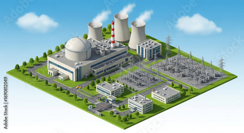 Isometric view of a nuclear power plant with reactors, cooling towers, and electrical substation, clean energy production and distribution