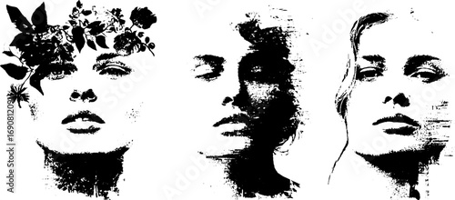 Grunge black and white faces with floral elements for creative design
