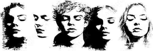 Grunge black and white face illustrations for design concepts