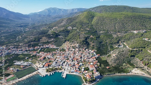 Fototapeta Naklejka Na Ścianę i Meble -  Aerial view around the city and harbour town Epidauros in Greece on a sunny autumn day.