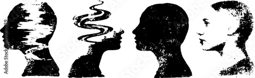 Grunge black and white face illustration set for urban art design