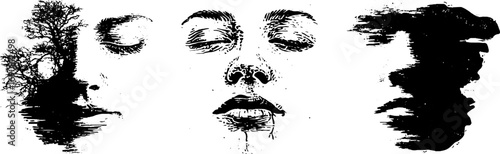 Grunge black and white face illustration set for creative design projects