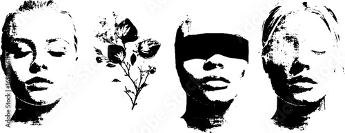 Grunge black and white face illustrations set for artistic design and creative projects