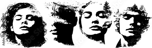 Grunge black and white faces set for urban design and art projects