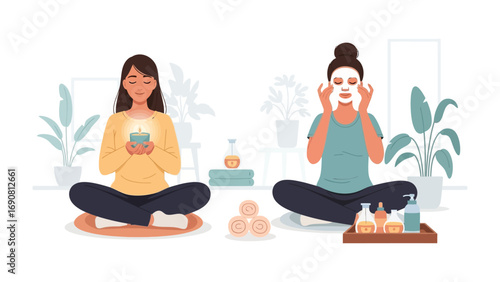 Two young women practicing self care and wellness at home with meditation and a facial mask surrounded by plants