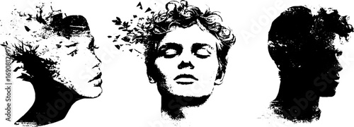 Grunge black and white portrait set with abstract face designs for artistic inspiration