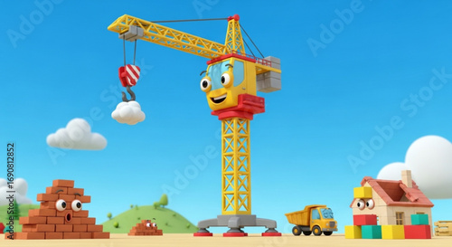 Animated construction site with a crane, a brick pile, a truck, and a house against a blue sky, perfect for childrens educational content
