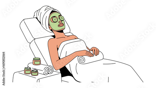 Relaxing woman with green facial mask and cucumber slices on eyes reclines in spa chair wrapped in towels
