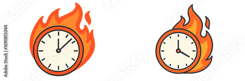Two burning clock icons representing the concept of a pressing deadline, urgency, and limited time available