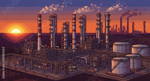 Pixel art illustration of an oil refinery at sunset, showcasing industrial infrastructure, pipelines, and smokestacks against a vibrant sky