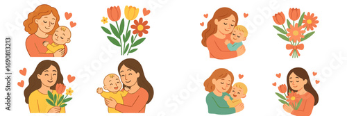 Mother's Day collection with loving mothers holding babies and flower bouquets for greeting cards and family celebrations