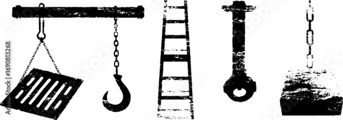 Black and white grunge industrial tools set for design and print