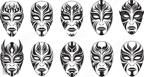 Abstract Tribal Masks Collection - Black and White Artistic Designs