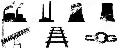 Industrial silhouette collection: grunge black and white factories and structures for design