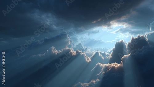 Heavenly Rays: A dramatic, artistic depiction of the heavens unfolds, with the sun's radiant rays breaking through a dark, tumultuous cloudscape, illuminating the expanse above.