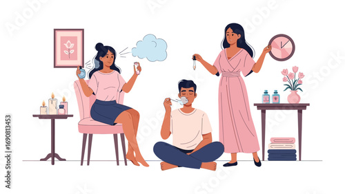 Three young adults enjoying a relaxing self care routine at home with beauty products and skincare items in a bright modern setting