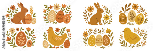 Collection of Easter holiday elements with cute bunny, chick, hen, and decorated eggs in a rustic folk art style with floral motifs