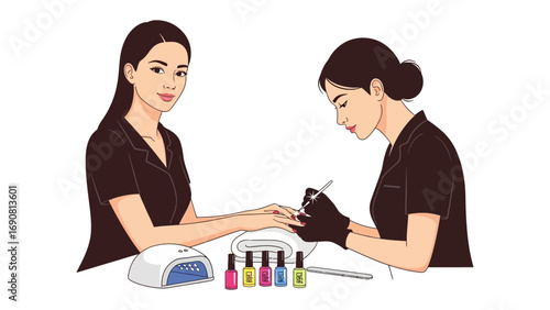 Professional nail technician carefully applying gel polish to client s fingernails in a brightly lit salon setting