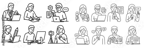 Set of content creator and media professional characters in outline style. Collection of blogger, vlogger, journalist, and writer icons for web and mobile design