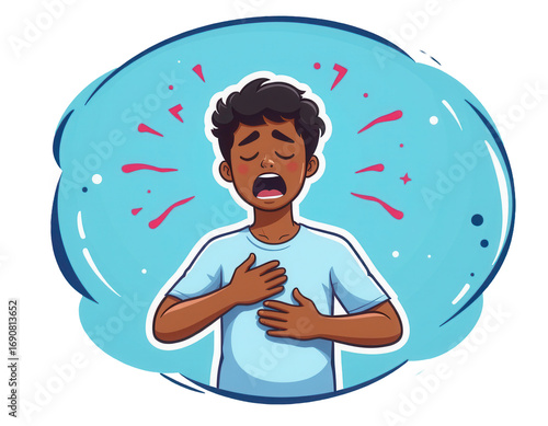 Young boy expressing discomfort with hand on chest in illustration