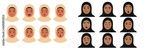 Collection of Muslim woman avatars in hijab with various facial expressions and emotions for character design and user profiles