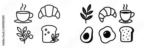 Outline icon set of classic breakfast foods including coffee cup, croissant, fried egg, avocado, and toast