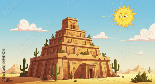 A cartoon illustration of an ancient mayan pyramid in the desert with cacti and a smiling sun in the sky on a bright sunny day