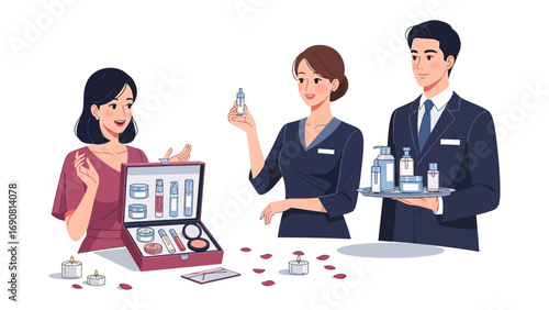 Diverse group of people in a beauty salon or cosmetic store with makeup artist demonstrating products to a customer and assistant holding a tray