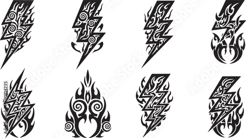 Dynamic collection of stylized lightning bolt and flame graphic elements showcasing primal energy and tribal artistry, perfect for impactful visual statements and design projects