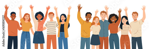 Diverse group of happy young people standing together and waving their hands in celebration isolated on a white background