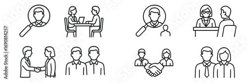 Human resources and recruitment line icon set with job interview, candidate search, business meeting, and partnership symbols