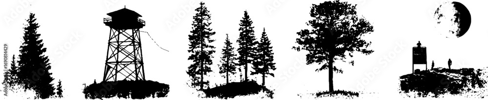 Fototapeta premium Black and white grunge set of forest silhouettes with fire watchtower and trees for design