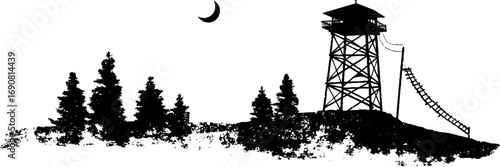 Grunge black and white silhouette of firewatch tower scene with trees and moon
