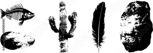 Grunge black and white illustration set of fish, cactus, feather, and rock for urban design