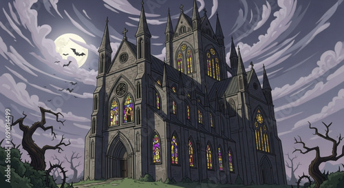 Eerie gothic cathedral stands silhouetted against a moonlit sky, bats fly around the spires, creating a spooky and atmospheric scene
