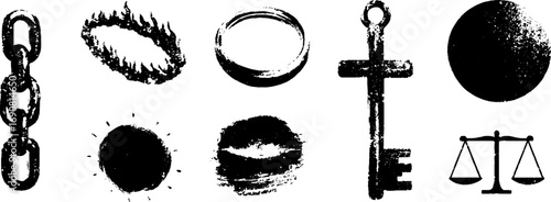Bold grunge black and white set featuring chains, key, and flaming elements for creative designs