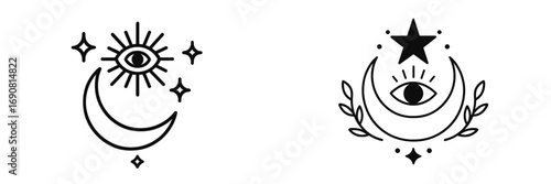 Mystical celestial symbols with all-seeing eye, crescent moon, and stars in a minimalist line art style for esoteric and bohemian designs