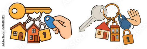 Set of house keys with various keychains including a home, padlock, and electronic fob for real estate and property security concepts