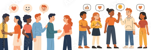 Two groups of diverse people interacting with friendly gestures and positive feedback icons in speech bubbles