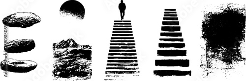 Grunge black and white illustration set featuring floating elements and textured designs