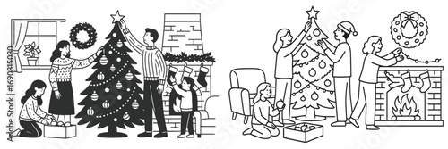 Black and white set of a family decorating a Christmas tree and fireplace together for the winter holidays