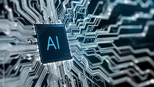 Artificial intelligence chip with digital circuitry. Artificial intelligence network. Technological background featuring an artificial intelligence microchip with glowing digital circuits.