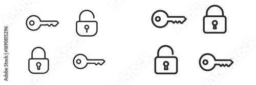 Simple black line art icon set of keys and padlocks for concepts like security, access, login, and data protection