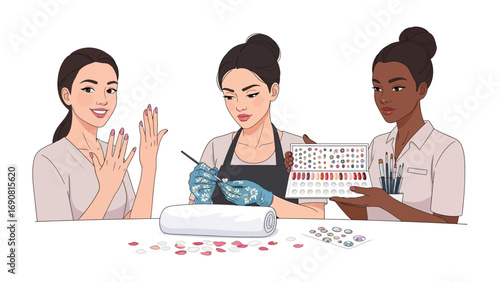 Three diverse women in a nail salon setting one showing off polished nails another applying polish and a third holding a color chart for nail art inspiration