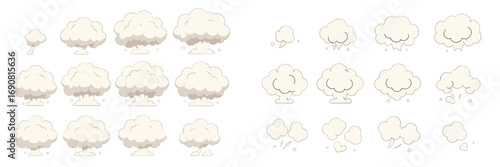 Cartoon smoke and explosion cloud animation sequence set for game effects and comic book design isolated on white background