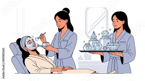 Two women in a spa setting one applying a facial mask to a client the other holding a tray of beauty products
