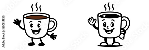 Cartoon coffee mug mascot character waving hello, isolated on a white background in color and black and white versions