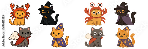 Adorable collection of cute cartoon cats in Halloween costumes featuring a witch, wizard, vampire, and crab for festive holiday party designs