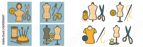 Sewing and tailoring icon set with mannequin, scissors, thread, and needle for fashion design and dressmaking