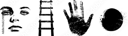 Grunge black and white illustration with handprint, face, ladder and sphere elements for urban design